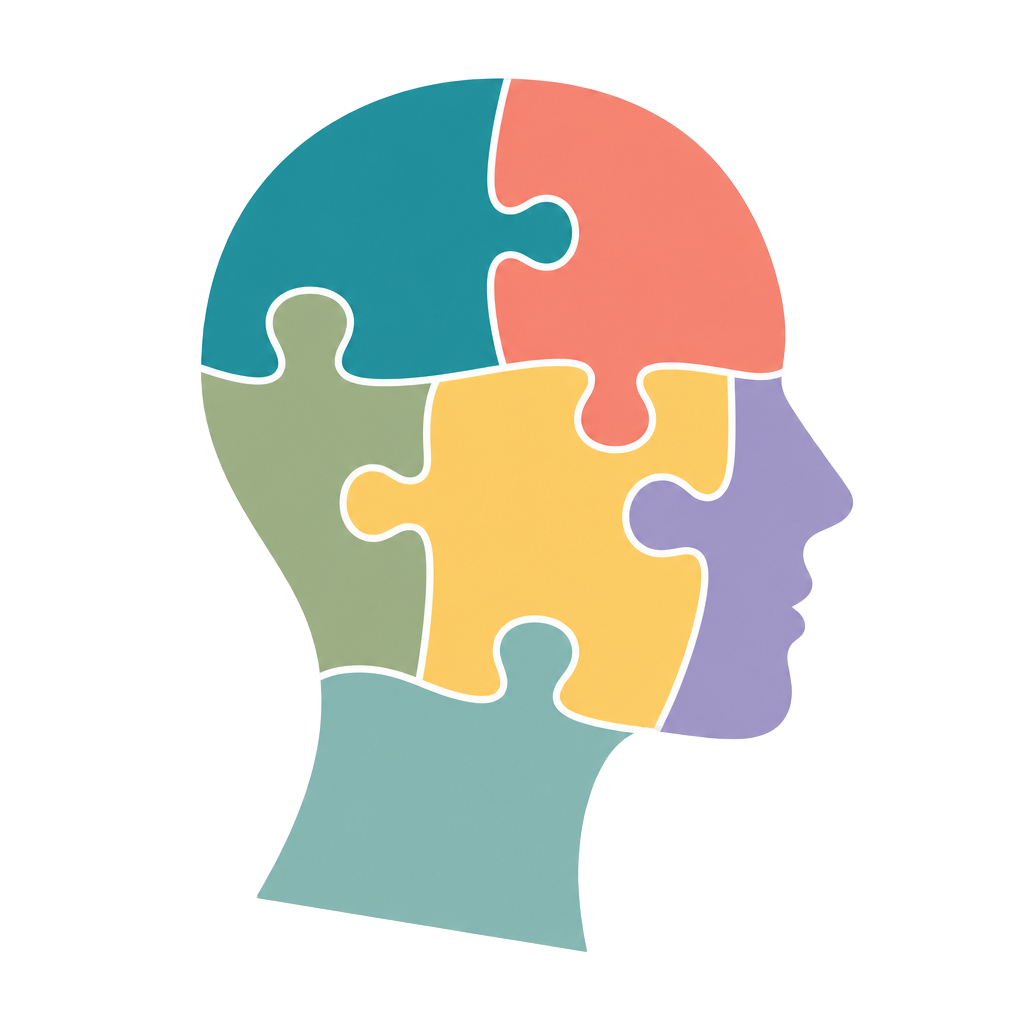 Illustration of a head made of colorful puzzle pieces